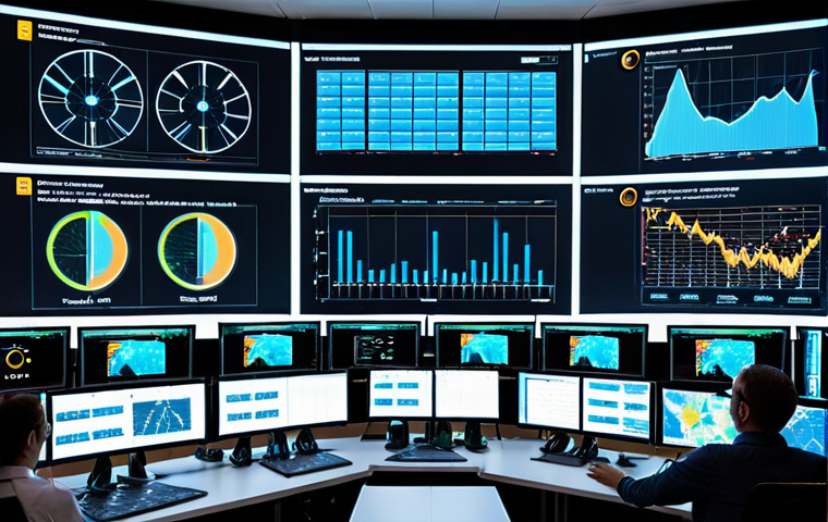 **
A vibrant, futuristic smart grid control room. Multiple large screens display real-time data visualizations of energy flow, weather patterns, and predictive analytics forecasts for solar and wind power generation. Operators are collaborating, analyzing data, and making adjustments to optimize energy distribution. IoT devices are highlighted, showing connectivity across a vast network of distributed energy resources. The overall feel is high-tech, efficient, and proactive, emphasizing the power of real-time data and predictive analytics in managing a distributed energy system.
**