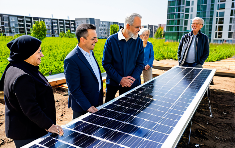 A diverse group of adults, men and women of various ages, fully clothed in appropriate, modest attire, are collaboratively engaging with a community-scale renewable energy project in an urban park. They are inspecting a section of a sleek solar panel installation, with a modern community building featuring rooftop gardens visible in the background. The atmosphere is positive and collaborative, reflecting local empowerment and sustainability. The lighting is bright and optimistic, showcasing a clean, professional environment. perfect anatomy, correct proportions, natural pose, well-formed hands, proper finger count, natural body proportions, professional photography, high-resolution, intricate details, natural lighting, safe for work, appropriate content, fully clothed, professional, family-friendly.