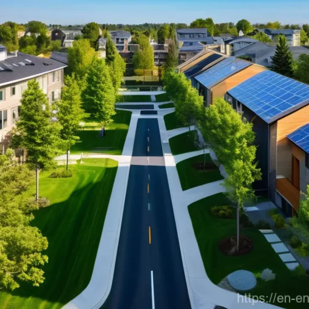분산형 에너지 시스템의 이점과 도전 과제 - **Vibrant, Sustainable Neighborhood:** A bright, sunny aerial shot of a diverse, modern suburban nei...