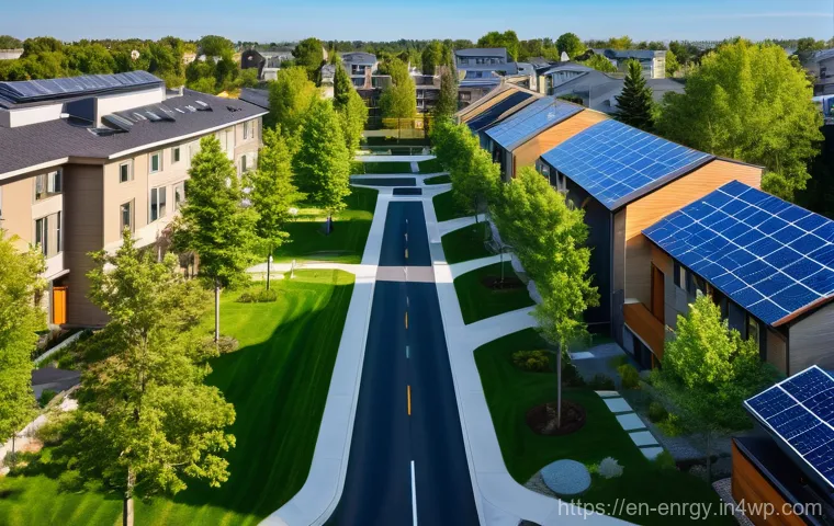 분산형 에너지 시스템의 이점과 도전 과제 - **Vibrant, Sustainable Neighborhood:** A bright, sunny aerial shot of a diverse, modern suburban nei...