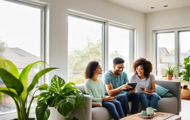 분산형 에너지 시스템을 위한 스마트 그리드 기술 - **Prompt:** A cozy, brightly lit living room in a modern home during the day. A diverse family of th...