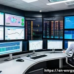 분산형 에너지 시스템의 투자 분석 및 전략 - A high-tech distributed energy system control center featuring a large digital dashboard displaying ...