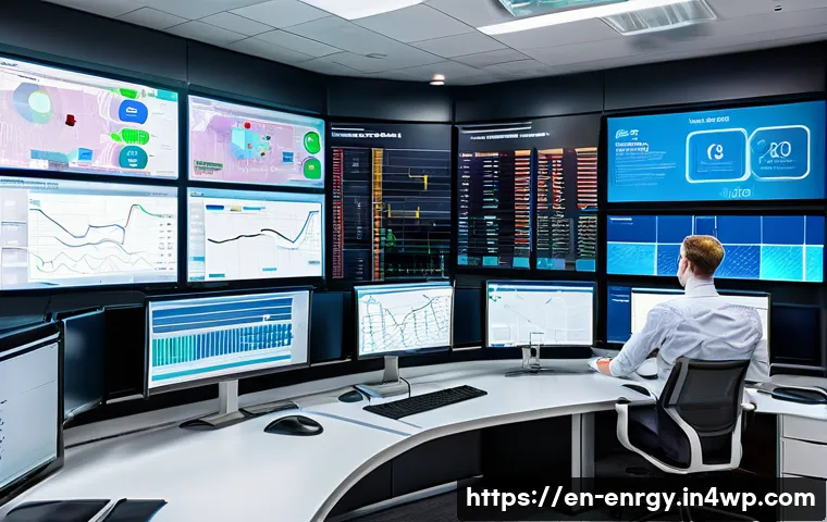 분산형 에너지 시스템의 투자 분석 및 전략 - A high-tech distributed energy system control center featuring a large digital dashboard displaying ...