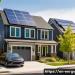 분산형 에너지 시스템의 경쟁력 분석 - A modern suburban neighborhood with rooftop solar panels on multiple houses, each home equipped with...