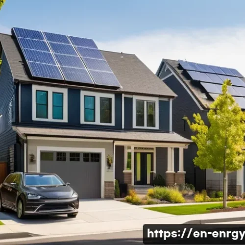 분산형 에너지 시스템의 경쟁력 분석 - A modern suburban neighborhood with rooftop solar panels on multiple houses, each home equipped with...