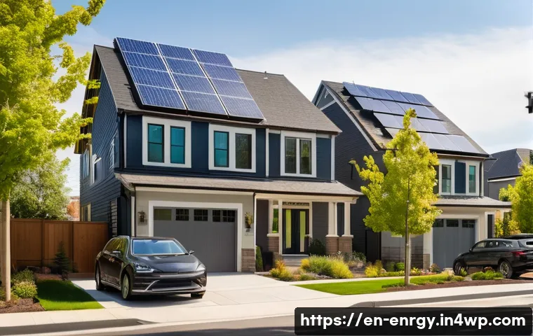 분산형 에너지 시스템의 경쟁력 분석 - A modern suburban neighborhood with rooftop solar panels on multiple houses, each home equipped with...