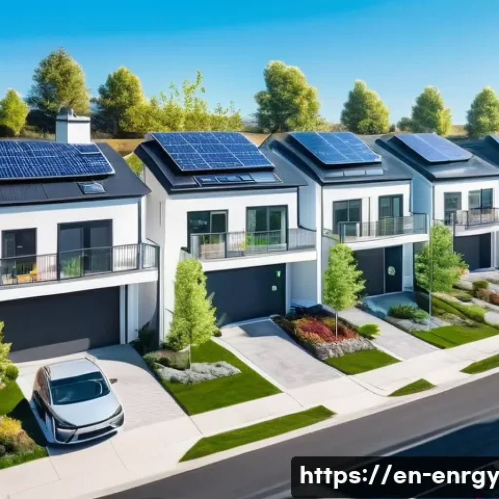 분산형 에너지 시스템의 효율적인 수익 모델 - A vibrant neighborhood scene showcasing peer-to-peer energy trading: modern suburban homes with roof...