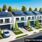 분산형 에너지 시스템의 효율적인 수익 모델 - A vibrant neighborhood scene showcasing peer-to-peer energy trading: modern suburban homes with roof...