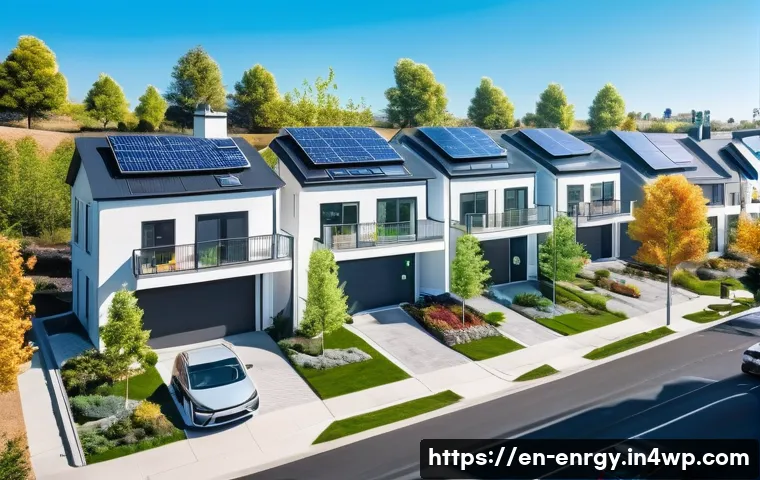 분산형 에너지 시스템의 효율적인 수익 모델 - A vibrant neighborhood scene showcasing peer-to-peer energy trading: modern suburban homes with roof...