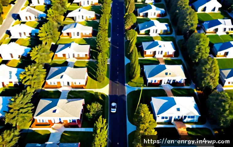 Home 30 분산형 에너지 시스템의 생태계 구축방안 - Photorealistic aerial view of a modern American suburban neighborhood powered by a decentralized ene...
