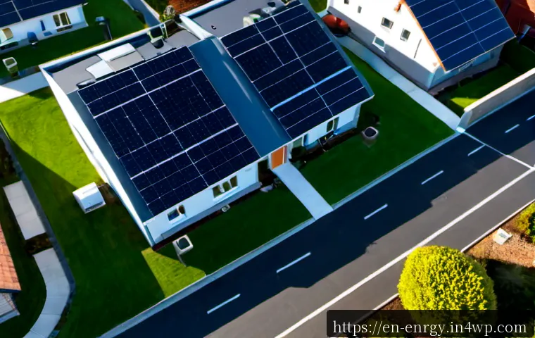 Home 17 분산형 에너지 시스템과 그린 에너지의 연결 - Photorealistic aerial view of a modern suburban neighborhood powered by decentralized green energy, ...