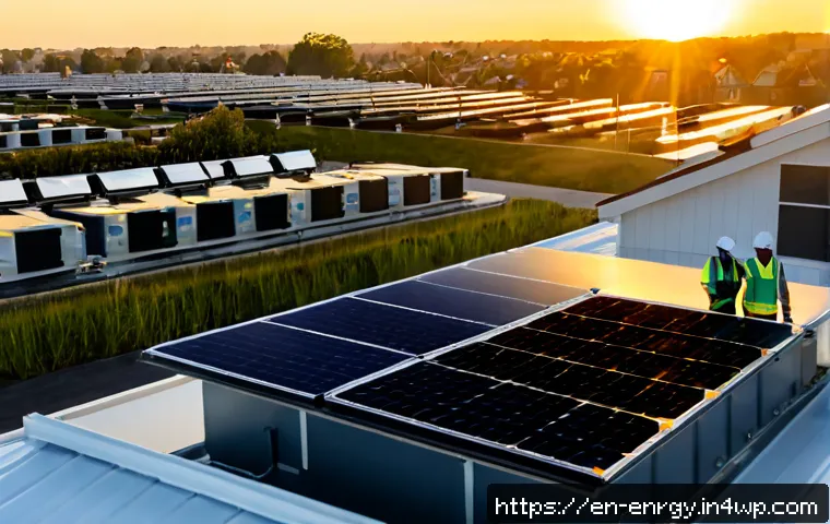 분산형 에너지 시스템의 신뢰성 확보 방안 - Photorealistic suburban neighborhood microgrid at golden hour, rooftop solar panels, a compact commu...